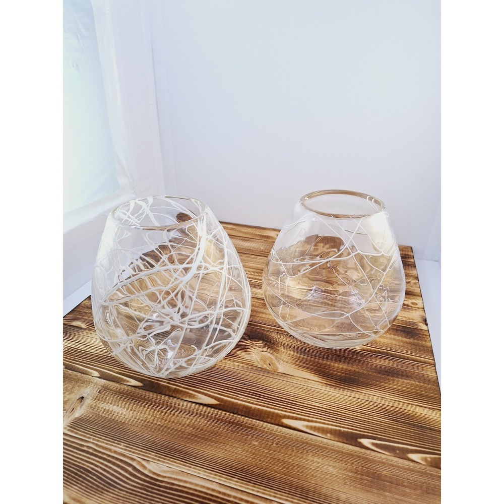 Set of 2 Lg‎ Hand Blown Glass White Spaghetti Drizzle Votive Candle Holder 6"x6"